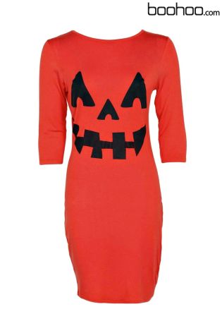 Boohoo Pumpkin Print Halloween Bodycon Dress